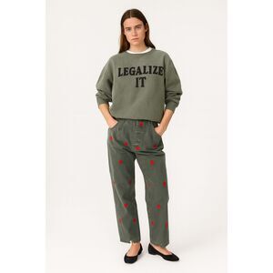 Iggy Green Embroidered Red Rose Button Up Barrel Pants Trousers Women's Size 28
